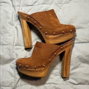 Gucci Joplin Brown Suede Studded Platform Clog Heels - 36 1/2